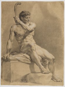 Ülő férfi akt, ferdén jobbra fordulva, bal kezében kis bunkót tartva a magasba alkotó: Anton Raphael Mengs