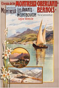 Montreux-Oberland-Bernois vonatutakat reklámozó plakát, c. 1910 (színes litó)