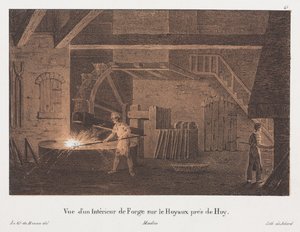 A belgiumi Huy melletti kovácsműhely belseje, Jean-Baptiste Jobard (1792-1861) metszete (színezett litó) alkotó: Anton de after Howen