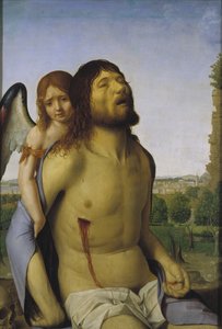 A halott Krisztus, akit egy angyal támogat alkotó: Antonello da Messina