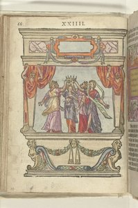 Színpad, amelyben a dicsőség, a fenség, a nagylelkűség, a nagyszerűség és a szerénység megszemélyesítői együtt tartják a koronát, 1578