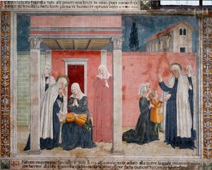 Szent Francoise Romaine (santa Francesca romana) (1384-1440) élete: „” a szent feltámaszt egy kereszteletlen gyermeket, akinek anyja véletlenül megfulladt álmában”” Antoniazzo Romano freskója (15. század) 1468 Róma, a közösség kolostora Oblatus d