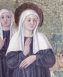 Szent Ferenc Romana élete: A Szent Pál-bazilikából hazatérve a szentet extázisban elragadta egy patak, de tökéletesen szárazon kelt fel, részlet (Freskó alkotó: Antoniazzo Romano