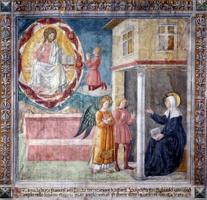 Szent Ferenc Romana élete: A szent fia, akit a bubópestis megölt, megjelenik neki egy angyallal (Fresco alkotó: Antoniazzo Romano