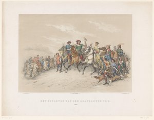 1851-es utrechti maskara: Hofleven 1296-ban A grófi kor udvari élete. 1296 (cím a tárgyon) A nemzeti történelem. a legrégibb időktől a 17. század végéig, nyolc jelenetben, jelmezben ábrázolva H.H. Dtudent alkotó: Antonie Johannes Groeneveldt