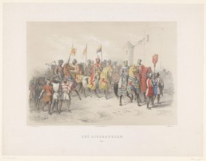 1851-es utrechti maszkabál: lovagrend, 1217 A lovagság, 1217 (cím a tárgyon) A nemzeti történelem. a legrégibb időktől a 17. század végéig, nyolc jelenetben, jelmezben H.H. Az Utrechtsche Hoo diákjai alkotó: Antonie Johannes Groeneveldt