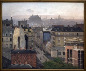 Párizs a Montmartre felől nézve. Az egyik épület falán „A kis újság” hirdetése. Antonin Chitussi (Chittussi) (1847-1891) festménye, olaj, vászon alkotó: Antonin Chittussi