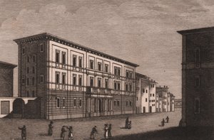 Kilátás a Pistoia-i püspöki palotára, Toszkánában, Olaszországban, Antonio Morghen (1788-1853) rézmetszete, kb 13x9,5 cm alkotó: Antonio (1788 1853) Morghen