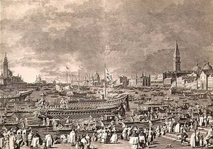A dózse kiszállása a Bucintorón a tengeri házasságért, Giovanni Battista Brustolon (1712-96) metszet (metszet)