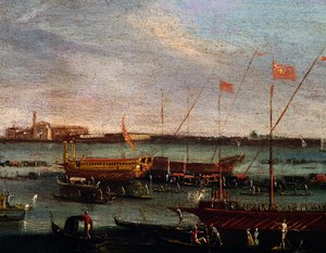 A Bucentaur (a velencei dogék állami gályája) a velencei Lidóban, olaj, vászon, Canaletto Iskola, Olaszország alkotó: Antonio (studio of) Canaletto