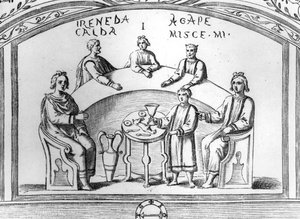 Bankettjelenet egy római katakombafreskóból, illusztráció Antonio Bossi "Roma Sotterranea" című, 1632-ben Rómában kiadott művéből (fametszet). alkotó: Antonio Bosio