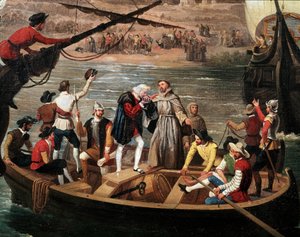 A Santa Maria, a Pinta és a Nina indulása Palosról 1492-ben - Kolumbusz Kristóf (1451-1506) három karavellájának indulása Palosról 1492.08.03-án, részlet. Antonio Cabral és Bejarano (1798-1861) festménye. A határ botjai. Rabida