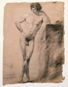 Antonio Canova (1757-1822) tanulmánya a lábazatra támaszkodó férfi aktról, rajz alkotó: Antonio Canova