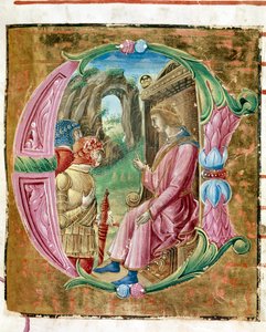 I. Nagy Heródes (Kr. e. 73-4) elrendeli az ártatlan Lettrine lemészárlását Antonio Cicognari által megvilágítva. Egy antifónia részlete. 1483. Cremone, 4. kórus, capitolo del duomo