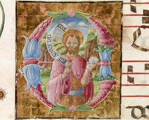 Keresztelő Szent János Lettrina Antonio Cicognari által megvilágítva. Egy antifónia részlete. 1483. Cremone, 4. kórus, a székesegyház káptalanja