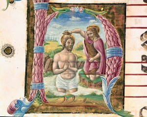 Antonio Cicognari által megvilágított Lettrine Krisztus megkeresztelkedése. Egy antifónia részlete. 1483. Cremone, 4. kórus, a székesegyház káptalanja