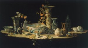 Kemény kő asztallap előkészítő festménye porcelánvázákkal, 1875 körül, Antonio Cioci (1722 és 1792 között), olaj, vászon.