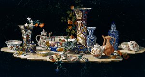 Asztallap porcelánvázákkal, kb 1797, féldrágakő mozaik márványon, a firenzei nagyhercegi műhelyekben készült Antonio Cioci mintájára (aktív a 18. század második felében), Olaszország, olasz kultúra