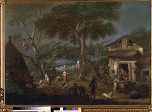""Olaszország tája"" (olasz táj) Egy parasztház az olasz vidéken. Antonio Diziani (1737-1797) festménye Mikalojus Konstantinas Ciurlionis Szépművészeti Múzeum, Kaunas, Litvánia