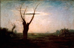 Április Táj késő tél egy fával, még mindig levelek nélkül. Antonio Fontanesi (1812-1882) festménye
