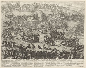 Aanval over zee en land San Michele-ben Tengeri és szárazföldi támadás S. Michele szigetén július 15-én (cím a tárgyon) De belegering van Malta (sorozat címe) alkotó: Antonio Francesco Lucini