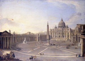 Kilátás Szent Péterre, Rómára Bernini oszlopcsarnokával és egy hintós körmenettel,