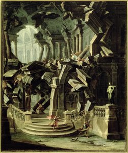 Sámson lerombolja Dagan, a filiszteusok istenének templomát (olaj, vászon)