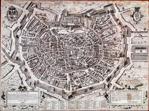 Milánó várostérképe, amelyet Antonio Lafreri (Lafrery vagy Lanfrerius) (1512-1577) szerkesztett 1573-ban. Ez a város legrégebbi térképe. Milánó, Milánói Múzeum - Milánó térképe. A város legrégebbi térképe 1573-ban, Antonio Lafreri szerkesztette. Olaszorszá