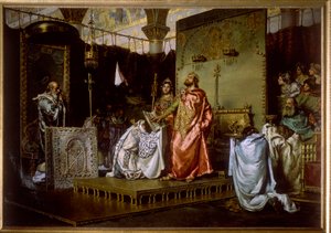 Harmadik toledói zsinat (589) - Recarede I (559-601) átváltása a katolicizmusra - Reccared átváltása katolicizmusra a III. Toledói Zsinatban, 589 - Munoz Degrain, Antonio (1840-1924) festménye