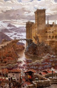 Kilátás egy romantikus kastélyra. Antoni Munoz i Degrain (1841-1924) festménye. 20. század eleje. Valencia. Szépművészeti Múzeum San Pio V.