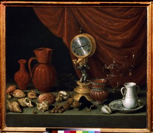 "Csendélet órával" Inga, kancsó, kagyló, dió, kristályüveg. Antonio de Pereda y Salgado (1611-1678) festménye 1652 Puskin Múzeum, Moszkva
