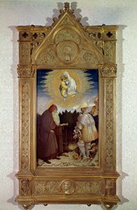 Szűzanya jelenése Szent Antal abbénak (Nagy Szent Antal (250/251-356) (vagy Remete Szent Antal) és Szent Györgynek. Antonio di Puccio Pisano dit Pisanello (1395-1455) festménye