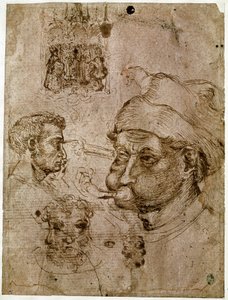 Négy férfi fej, amelyek közül kettőnek három arca van. Oltárkép. Egy ló. Rajzok Antonio di Puccio Pisano dit Pisanello (1395-1455) műhelyéből. Barna tinta, toll (rajz), vér. Mérete: 27,1x20,5 cm. Louvre, Cabinet des Medailles. alkotó: Antonio Pisanello