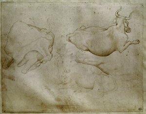 Két tehén és egy boróka. Antonio di Puccio Pisano dit Pisanello (1395-1455) rajza. Tekercs, fém hegy. Magasság: 17,6 cm. Louvre, Cabinet des Medailles alkotó: Antonio Pisanello