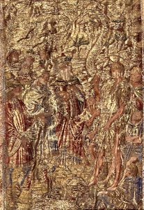 Keresztelő Szent János a főpapok és a léviták előtt, a szent életéből vett jeleneteket ábrázoló kárpit (textil) alkotó: Antonio Pollaiuolo