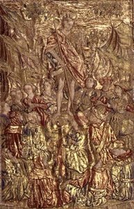 Keresztelő Szent János prédikál a sokaságnak, a szent életéből vett jeleneteket ábrázoló faliszőnyeg (textil) alkotó: Antonio Pollaiuolo