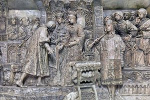 Kolumbusz és a katolikus királyok, Kolumbusz bemutatása a katolikus királyoknak a barcelonai Salon del Tinellben (bronz) alkotó: Antonio Susillo Fernandez