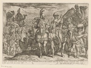 Ábrahám a saját földjére viszi Lótot és családját Abraham Loth, et familia reducit (cím a tárgyon) Ószövetségi csatajelenetek (sorozat címe) alkotó: Antonio Tempesta