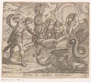 Apollo előállítja a Pythont A Pythont megölte Apollo (cím az objektumon) Metamorfózis vagy átalakulások (sorozat címe) Metamorfosen van Ovidius (sorozat címe) alkotó: Antonio Tempesta