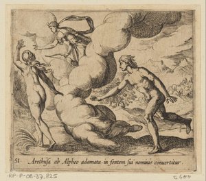 Arethusa wordt achtervolgd ajtó Alpheus Arethusa, aki beleszeretett Alfeuszba, nevének forrásává válik (cím a tárgyon) Metamorfózis vagy átalakulások (sorozat címe) Metamorfosen van Ovidius (sorozat címe) alkotó: Antonio Tempesta