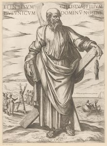 Szent Andrásé És Jézus Krisztusban, az egyetlen fiában, a mi Urunkban (cím a tárgyon) Krisztus, Mária en de apostle (sorozat címe) alkotó: Antonio Tempesta