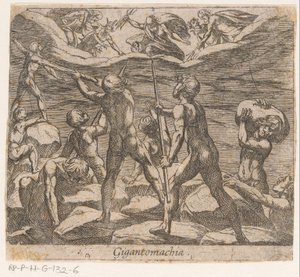 Az óriások megpróbálják megtámadni az Olimposzt Gigantomachia (cím a tárgyon) Metamorphoseon sive transformationum (sorozat címe) Ovidius metamorfózisai (sorozat címe) alkotó: Antonio Tempesta