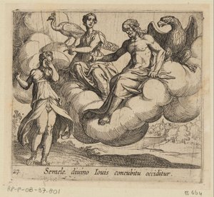 De wens van Semele Semelét az isteni Jupiterrel való érintkezés öli meg (cím a tárgyon) Metamorfózis vagy átalakulások (sorozat címe) Metamorfosen van Ovidius (sorozat címe) alkotó: Antonio Tempesta