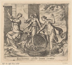 Erichthonius uit zijn mand gelaten Erichthonius egy laza kosárral látható (cím a tárgyon) Metamorfózis vagy átalakulások (sorozat címe) Metamorfosen van Ovidius (sorozat címe) alkotó: Antonio Tempesta