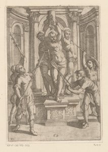 Kínzás éles végű botokkal Keresztény mártírok által elszenvedett kínzások (sorozat címe) Varia tormentorum et supplicioru crudelium (...) (sorozat címe) alkotó: Antonio Tempesta