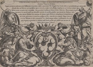 Az Ószövetség csatáinak homlokzata Medici karjaival, amelyet ... koronázott meg, 1660. alkotó: Antonio Tempesta