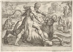 Herkules és Achelous: középen Herkules megragadja a bika szarvát, miközben megnyomja a ri..., 1608. alkotó: Antonio Tempesta
