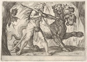 Herkules és Cerberus: Herkules megragadja Cerberus gallérját, balra két démon jelenik meg..., 1608.