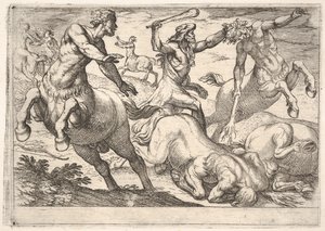 Herkules és a kentaurok: Herkules bal kezével tartja a kentaur fejét és rai..., 1608.