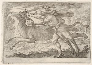 Herkules és a Cerynea-hegy hátulja: Herkules a háta mellett halad, és megragadja a..., 1608. alkotó: Antonio Tempesta